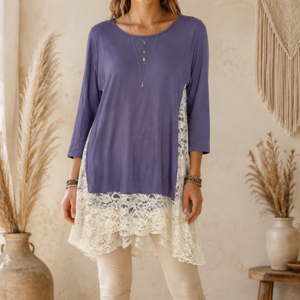Bellamie Purple Lace Trim Tunic Top 3/4 Sleeve Boho Romantic Cottagecore a5